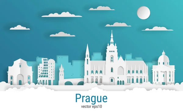 Kağıt kesim tarzı Prag şehri, beyaz renkli kağıt, vektör stok çizimi. Tüm ünlü binaların olduğu şehir manzarası. Skyline Prag şehir tasarımı kompozisyonu.