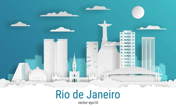 Kağıt kesim stili Rio de Janeiro şehri, beyaz renkli kağıt, vektör stoku çizimi. Tüm ünlü binaların olduğu şehir manzarası. Skyline Rio de Janeiro şehir tasarımı.
