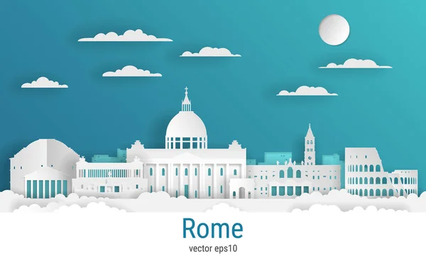 Kağıt kesimi tarzı Roma şehri, beyaz renkli kağıt, vektör stok çizimi. Tüm ünlü binaların olduğu şehir manzarası. Tasarım için Skyline Roma şehir kompozisyonu.