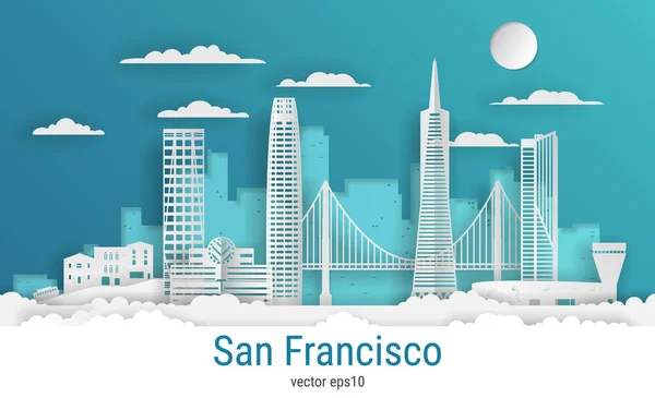 Kağıt kesim stili San Francisco şehri, beyaz renkli kağıt, vektör stok çizimi. Tüm ünlü binaların olduğu şehir manzarası. Skyline San Francisco şehir tasarımı.