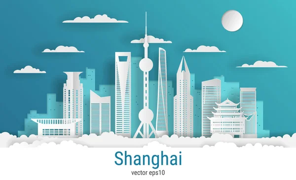 Kağıt kesim stili Şangay şehri, beyaz renkli kağıt, vektör stok çizimi. Tüm ünlü binaların olduğu şehir manzarası. Skyline Shanghai şehir tasarımı.