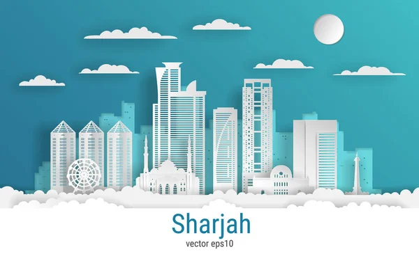 Kağıt kesim tarzı Sharjah şehri, beyaz renkli kağıt, vektör stoku çizimi. Tüm ünlü binaların olduğu şehir manzarası. Tasarım için Skyline Sharjah şehir kompozisyonu.