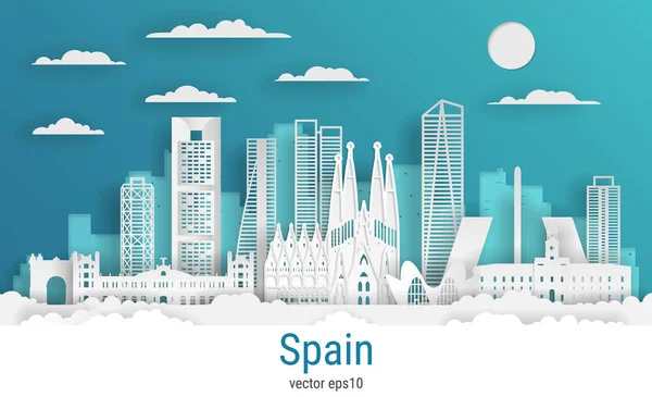 Kağıt kesim tarzı İspanya, beyaz renkli kağıt, vektör stok çizimi. Tüm ünlü binaların olduğu şehir manzarası. Dizayn için Skyline Madrid şehir kompozisyonu.