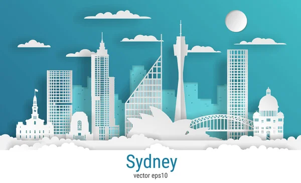 Kağıt kesim tarzı Sydney şehri, beyaz renkli kağıt, vektör stok çizimi. Tüm ünlü binaların olduğu şehir manzarası. Skyline Sydney tasarım için şehir kompozisyonu.