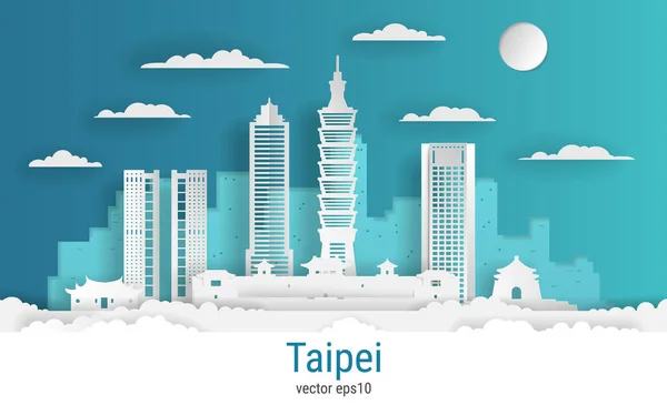 Kağıt kesim stili Taipei şehri, beyaz renkli kağıt, vektör stoğu illüstrasyonu. Tüm ünlü binaların olduğu şehir manzarası. Tasarım için Skyline Taipei şehir kompozisyonu.