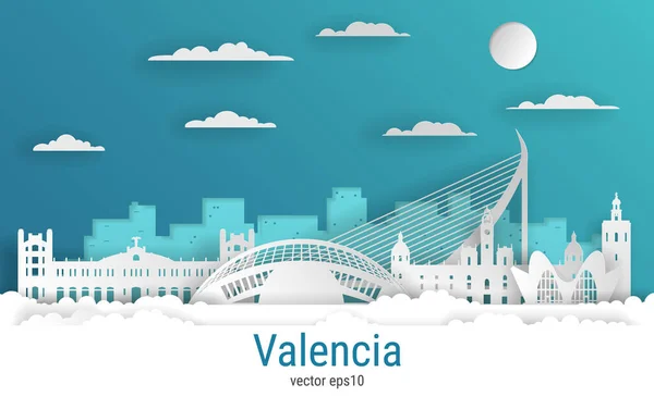 Kağıt kesim tarzı Valencia şehri, beyaz renkli kağıt, vektör stok çizimi. Tüm ünlü binaların olduğu şehir manzarası. Ufuk çizgisi Valencia şehir tasarımı.