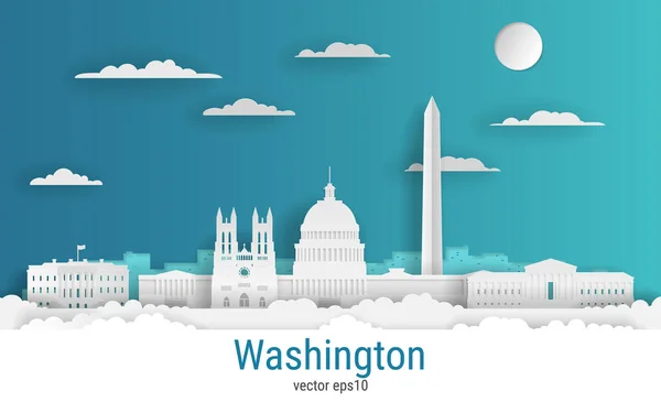Kağıt kesim tarzı Washington şehri, beyaz renkli kağıt, vektör stok çizimi. Tüm ünlü binaların olduğu şehir manzarası. Skyline Washington tasarım için şehir kompozisyonu.