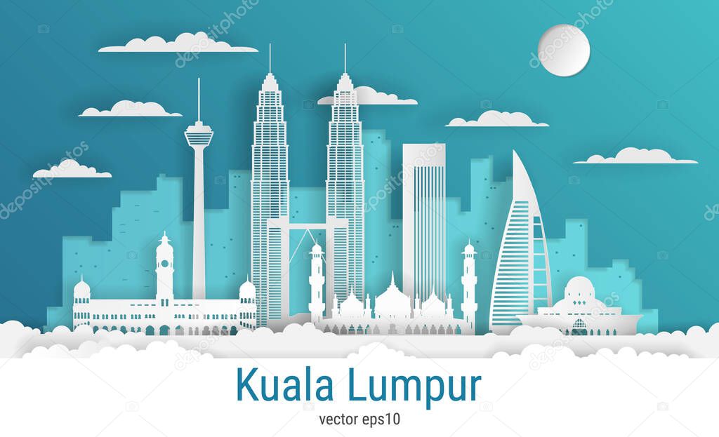 Paper cut style Kuala Lumpur city, white color paper, vector stock illustration. Cityscape with all famous buildings. Skyline Kuala Lumpur city composition for design.