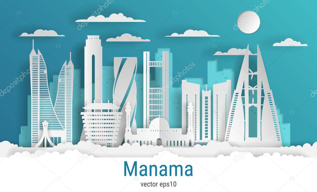 Paper cut style Manama city, white color paper, vector stock illustration. Cityscape with all famous buildings. Skyline Manama city composition for design.