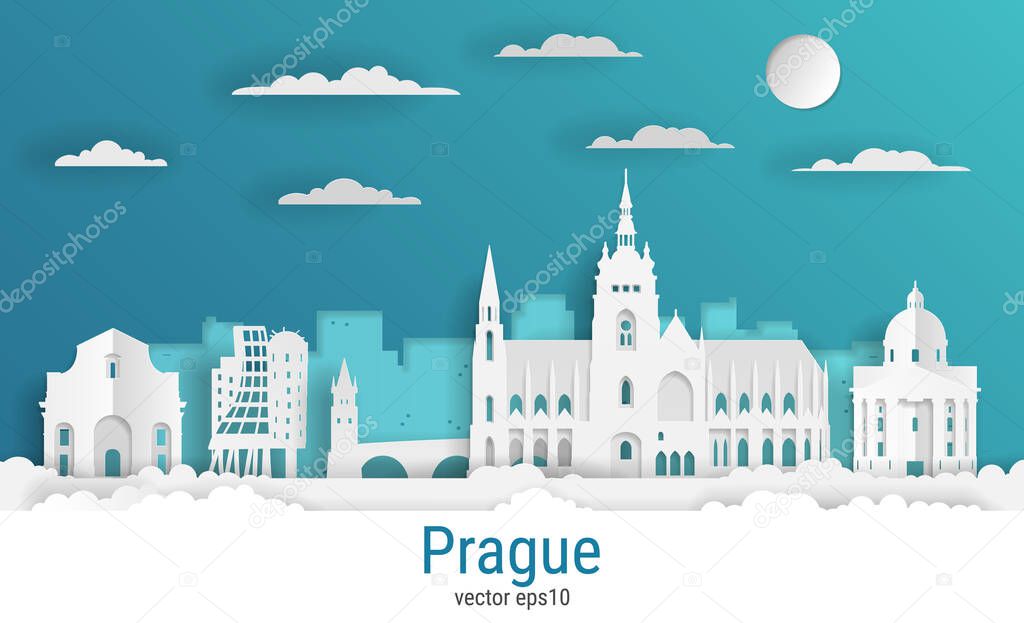 Paper cut style Prague city, white color paper, vector stock illustration. Cityscape with all famous buildings. Skyline Prague city composition for design.