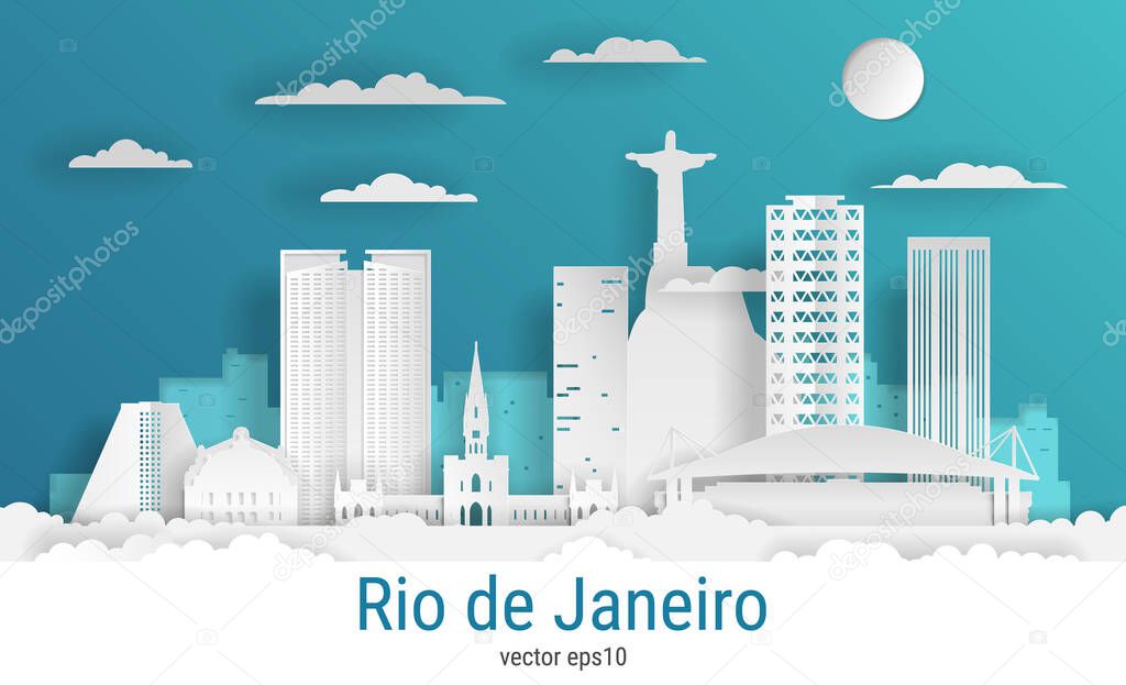 Paper cut style Rio de Janeiro city, white color paper, vector stock illustration. Cityscape with all famous buildings. Skyline Rio de Janeiro city composition for design.