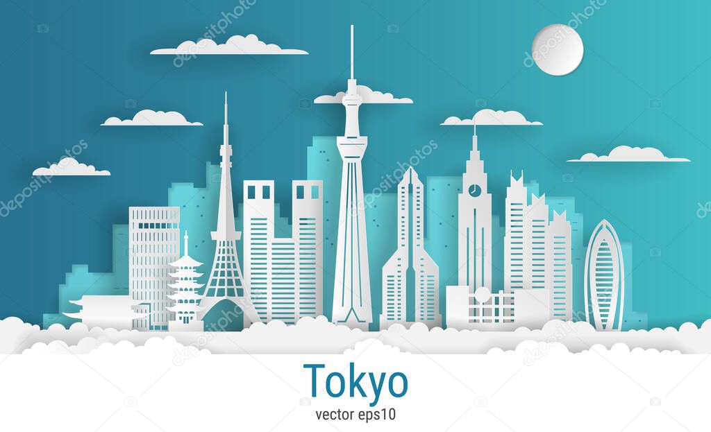 Paper cut style Tokyo city, white color paper, vector stock illustration. Cityscape with all famous buildings. Skyline Tokyo city composition for design.