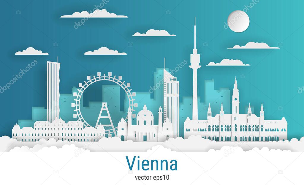 Paper cut style Vienna city, white color paper, vector stock illustration. Cityscape with all famous buildings. Skyline Vienna city composition for design.