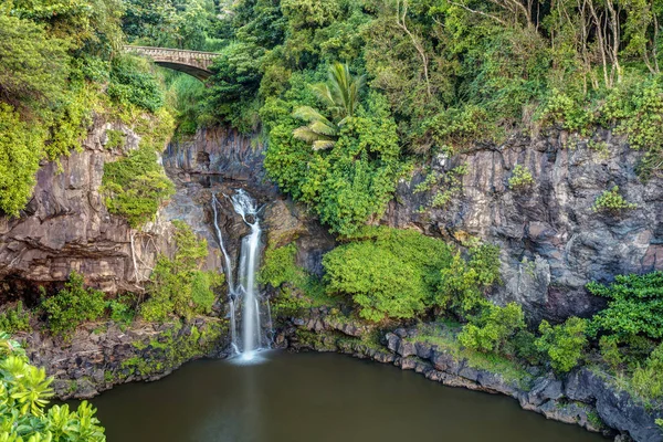 Nazik Şelale Yemyeşil Oheo Gulch Haleakala Milli Parkı Köprünün Altından — Stok fotoğraf