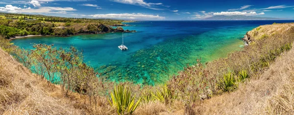 Çarpıcı Honolua Bay, Maui, Hawaii Kuzey Batı kıyısında. Maui en iyi dalış spot olarak bilinen. Bu kez şnorkel Tur tekneleri ve snorkelers sığ resif görebileceğiniz çok doğal overlook değil.