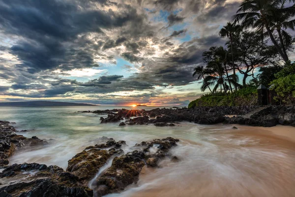 Puesta Sol Larga Exposición Desde Cala Secreta Sur Maui Hawai — Foto de Stock