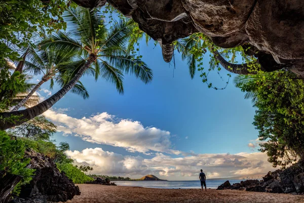 Hombre Parado Las Afueras Exuberante Cueva Del Ciempiés Isla Maui — Foto de Stock