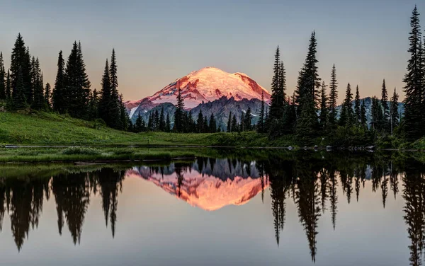 Glowing Peak Mount Rainier Dawn Calm Reflection Shore Tipsoo Lake — Stock Photo, Image