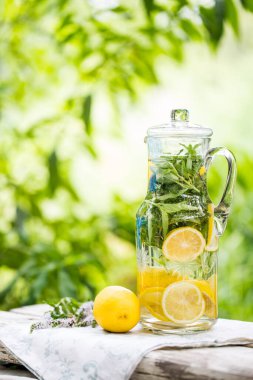 Soğuk limon, nane, fesleğen ve buz küpleri cam kavanozda.