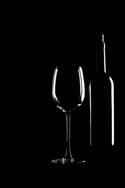 Wine Bottle Empty Glass Goblet Black Background White Contour Black — Stock Photo, Image