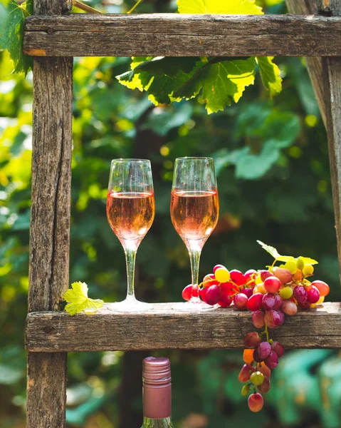 Dos Copas Vino Rosa Con Botella Aire Libre Fiesta Jardín —  Fotos de Stock