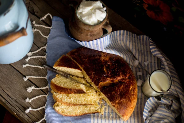 Still Life Homemade Sweet Bread Milk Milk Head Clay Bowl — Stock Photo, Image