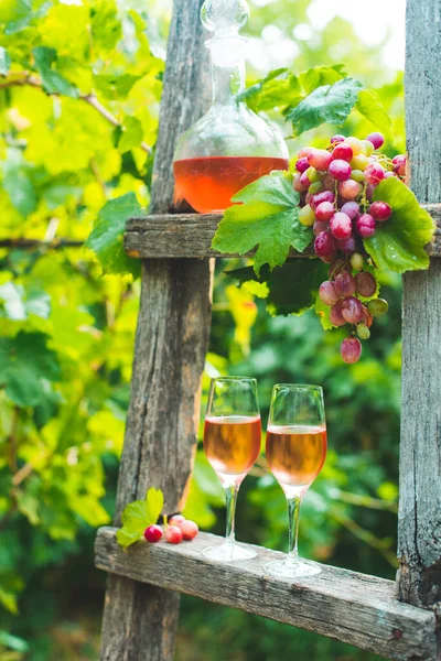 Dwa Kieliszki Wina Różanego Butelką Świeżym Powietrzu Ogrodzie Winnicy Degustacja — Zdjęcie stockowe