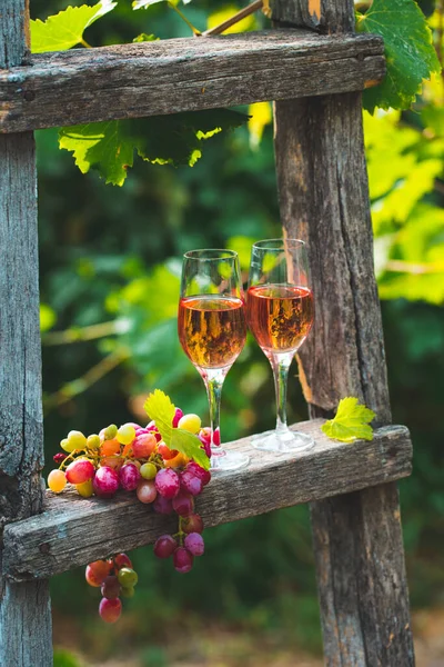 Dois Copos Vinho Rosa Com Garrafa Livre Festa Jardim Vinha — Fotografia de Stock