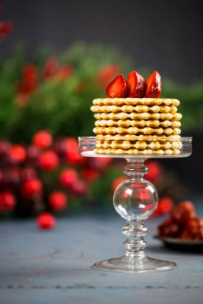 Crispy Waffles Stack Served Glass Cake Stand Fresh Strawberries — Stock Photo, Image