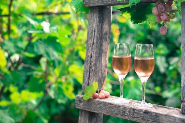 Dois Copos Vinho Jardim Uva Escada Madeira Velha — Fotografia de Stock