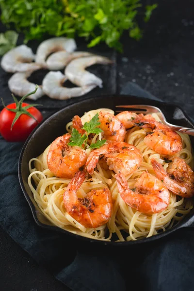 pasta with shrimps close up