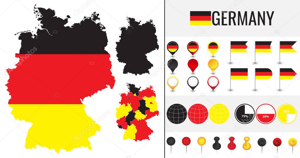 Germany vector map with flag, globe and icons on white background