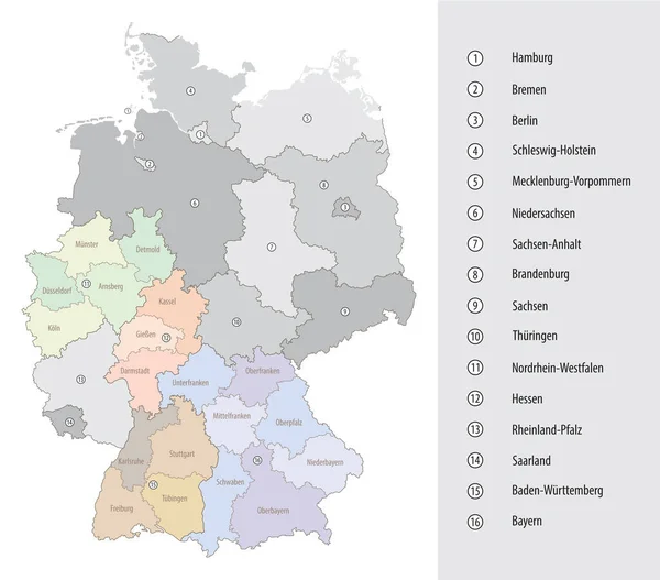 Gedetailleerde Vectorkaart Van Deelstaten Van Duitsland Met Administratieve Districten — Stockvector