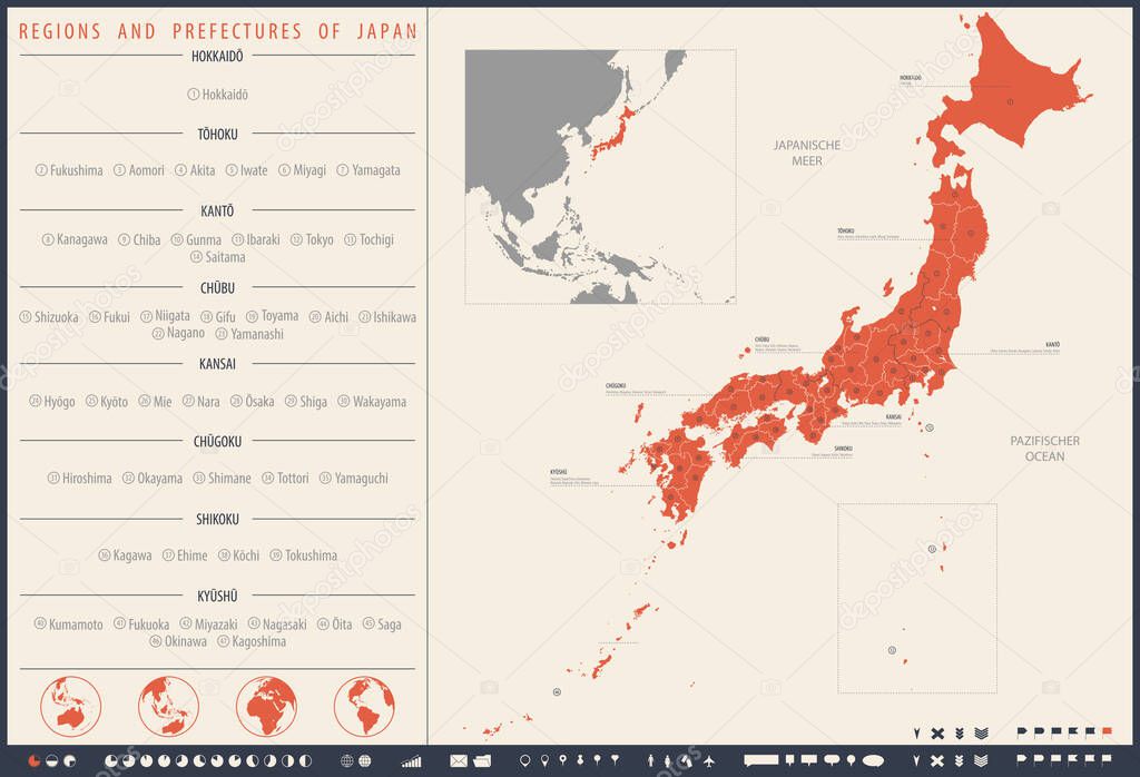 Detailed vector map Regions and prefectures of Japan
