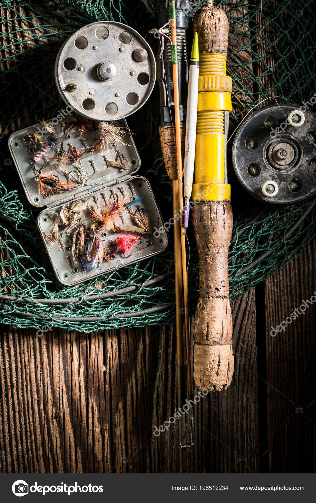 Top View Old Fishing Tackle Rod Lures — Stock Photo © Shaiith79 #196512234