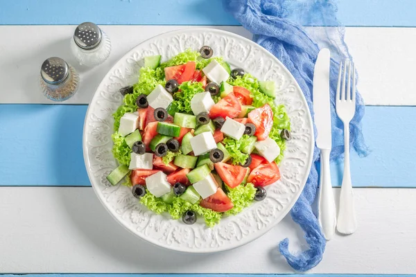Dieta Salada Grega Com Tomate Cereja Alface Queijo Feta — Fotografia de Stock