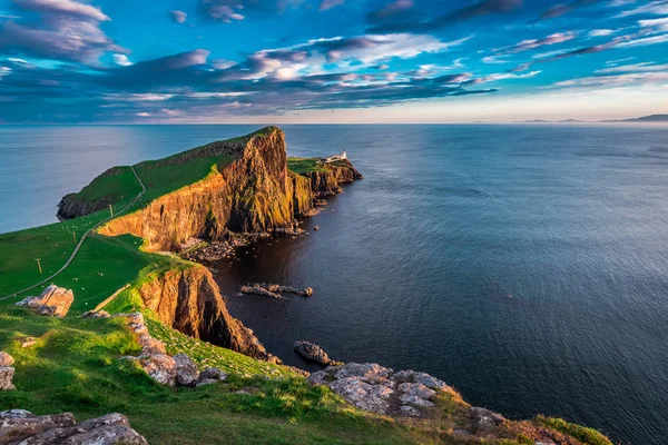 Cudowny Zachód Słońca Neist Point Lighthouse Szkocji — Zdjęcie stockowe