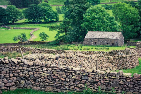 Oude Stenen Huis Muur Het Groene Veld Engeland — Stockfoto