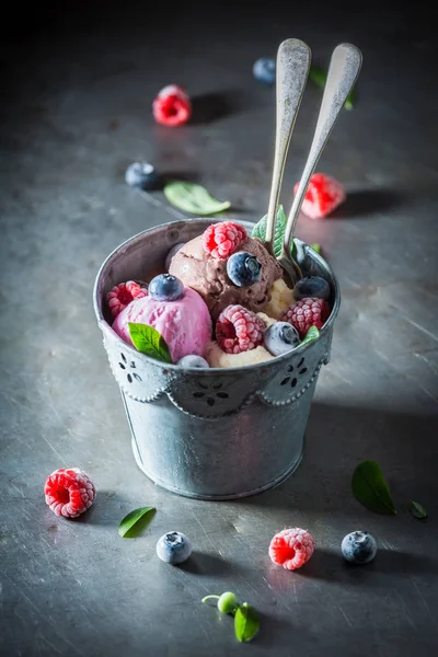 Summer Ice Cream Berry Fruits Two Spoons — Stock Photo, Image