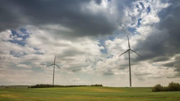 Ветряная мельница на зеленом поле летом в солнечный день, таймелапс, 4K — стоковое видео