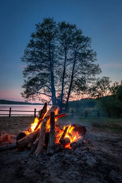 Amazing bonfire at dusk by the lake in summer