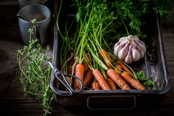 Ingredientes Para Legumes Assados Feitos Alho Cenouras — Fotografia de Stock