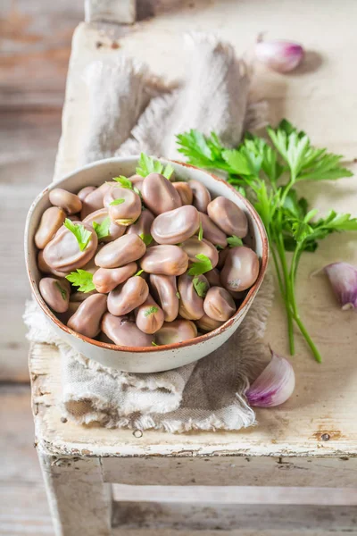 Fresh Tasty Broad Beans Boiled Garlic Parsley — Stock Photo, Image