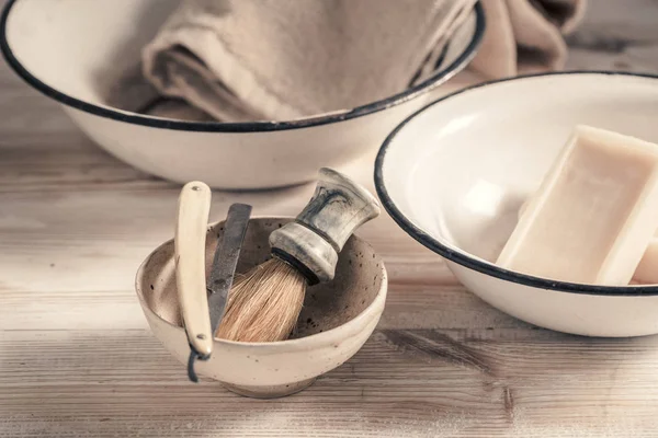 Einzigartige Werkzeuge Für Die Rasur Mit Pinsel Rasierer Seife — Stockfoto