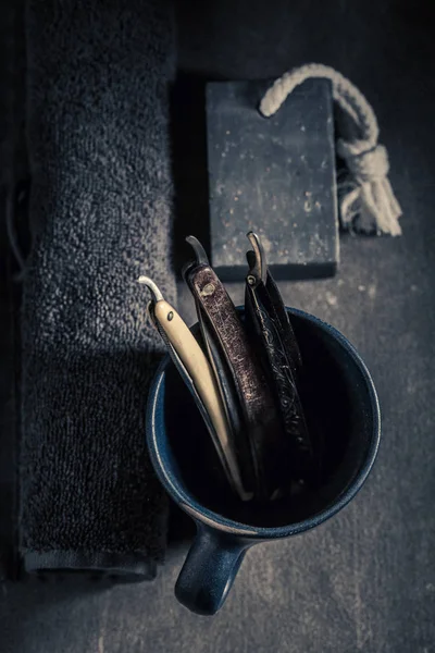 Старые Инструменты Парикмахера Кистью Бритвой Мылом — стоковое фото