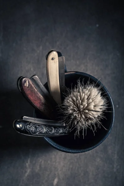 Unique Barber Equipment Grey Soap Razor Brush — Stock Photo, Image