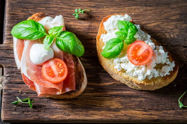 Homemade Mix Bruschetta Old Wooden Table — Stock Photo, Image