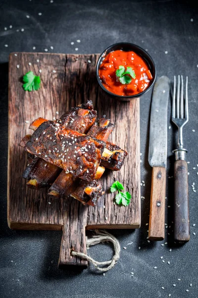 Spicy Tasty Roasted Ribs Vegetables Potato — Stock Photo, Image