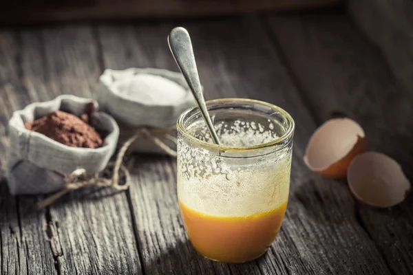 Closeup Sweet Dessert Made Sugar Yolk Cocoa — Stock Photo, Image