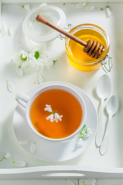 Healthy Tea Honey Spring Flowers White Background — Stock Photo, Image